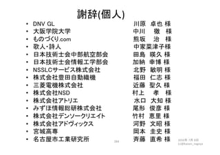 謝辞(個人)	
•  DNV GL　　　　　　　　　　　　　　 　　　　 川原　卓也 様	
•  大阪学院大学　　　 　　　　　　　　　 　　中川　　徹 様	
•  ものづくり.com　　　　　　　　　　 　　 　　熊坂 治 様	
•  歌人・詩人　　　　　 　　　　　　　　 　　 中家菜津子様	
•  日本技術士会中部航空部会 　　　 　　田島　暎久 様	
•  日本技術士会情報工学部会 　　 　　加納 幸博 様	
•  NSSLCサービス株式会社　　　 　 　　 北野　敏明 様	
•  株式会社豊田自動織機　　　　　　　　　福田　仁志 様	
•  三菱電機株式会社　　　　　　　　　 　　近藤 聖久 様	
•  株式会社NSD 　　　　　　　　　　　　　　 村上　　孝　 様	
•  株式会社アトリエ　　　　　　　　　　 　　 水口　大知 様	
•  みずほ情報総研株式会社　 　　　 　　尾形　俊彦 様	
•  株式会社デンソークリエイト　　　　 　　竹村　恵里 様	
•  株式会社アドヴィックス　　　　　　　 　　河野　文昭 様	
•  宮城高専　　　　　　　　　　　　　　　　　　岡本　圭史 様	
•  名古屋市工業研究所　　　　　　　　 　　斉藤　直希 様	 2016年 7月 8日
(c)@kaizen_nagoya	
284	
 