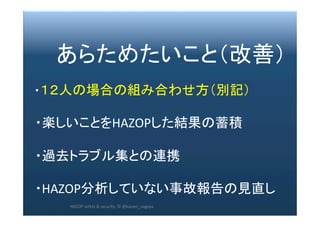 2017/12/28	 64	
　　あらためたいこと（改善）	
	
　・１２人の場合の組み合わせ方（別記）	
	
　・楽しいことをHAZOPした結果の蓄積	
	
　・過去トラブル集との連携	
	
　・HAZOP分析していない事故報告の見直し	
HAZOP	safety	&	security		©	@kaizen_nagoya	
 