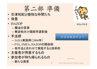 第二部 準備
•  石津和紀と愉快な仲間たち
•  背景	
•  HAZOP
–  魔法の言葉
–  無逆他大小類部早遅前後
•  手法群	
–  JAXA実施例（2004年）
–  FTA, FMEA, HAZOPの関係例
–  他手法と合わせて実施すると効率的	
•  主催者が用意するもの
•  参加者が持ち帰られるもの	
–  新たな発見
2017/12/28	
©ちょけむさ	
66	
手法は組合せよう
HAZOP	safety	&	security		©	@kaizen_nagoya	
 