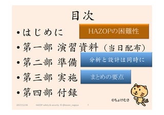 • はじめに
• 第一部 演習資料（当日配布）
• 第二部 準備
• 第三部 実施
• 第四部 付録
目次
2017/12/28	
©ちょけむさ	
7	
分析と設計は同時に
HAZOP	safety	&	security		©	@kaizen_nagoya	
　　　	
	 HAZOPの困難性	
	
　	
まとめの要点	
 