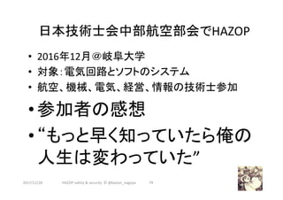 日本技術士会中部航空部会でHAZOP	
•  2016年12月＠岐阜大学	
•  対象：電気回路とソフトのシステム	
•  航空、機械、電気、経営、情報の技術士参加	
• 参加者の感想	
• “もっと早く知っていたら俺の
人生は変わっていた”	
2017/12/28	 74	HAZOP	safety	&	security		©	@kaizen_nagoya	
 