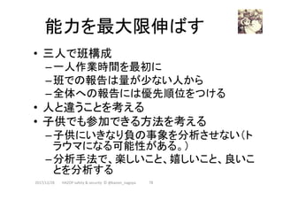 能力を最大限伸ばす	
	•  三人で班構成	
– 一人作業時間を最初に	
– 班での報告は量が少ない人から	
– 全体への報告には優先順位をつける	
•  人と違うことを考える	
•  子供でも参加できる方法を考える	
– 子供にいきなり負の事象を分析させない（ト
ラウマになる可能性がある。）	
– 分析手法で、楽しいこと、嬉しいこと、良いこ
とを分析する	
2017/12/28	 78	HAZOP	safety	&	security		©	@kaizen_nagoya	
 