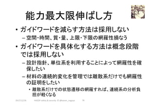 能力最大限伸ばし方	
•  ガイドワードを減らす方法は採用しない	
– 空間・時間、質・量、上限・下限の網羅性損なう	
•  ガイドワードを具体化する方法は概念段階
では採用しない	
– 設計指針、単位系を利用することによって網羅性を確
保したい	
– 材料の連続的変化を管理では離散系だけでも網羅性
の証明をしたい	
•  離散系だけでの状態遷移の網羅すれば、連続系の分析負
担が軽くなる	
2017/12/28	 79	HAZOP	safety	&	security		©	@kaizen_nagoya	
 