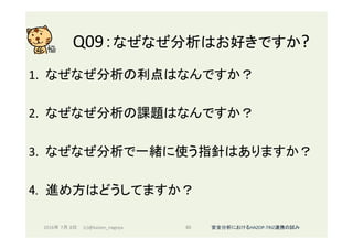 Q09：なぜなぜ分析はお好きですか?	
1.  なぜなぜ分析の利点はなんですか？	
2.  なぜなぜ分析の課題はなんですか？	
3.  なぜなぜ分析で一緒に使う指針はありますか？	
4.  進め方はどうしてますか？	
2016年 7月 8日 (c)@kaizen_nagoya	 80	 安全分析におけるHAZOP-TRIZ連携の試み	
 
