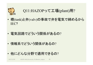 Q11:HAZOPって工場(plant)用?	
•  槽(tank)と弁(valv)の事故で弁を電気で締めるから
IEC?
•  電気回路でどういう関係があるの?
•  情報系でどういう関係があるの?
•  他にどんな分野で適用できるの?
2017/12/28	 86	HAZOP	safety	&	security		©	@kaizen_nagoya	
 