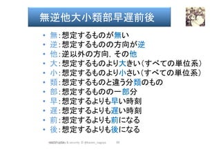 •  無：想定するものが無い
•  逆：想定するものの方向が逆
•  他：逆以外の方向，その他
•  大：想定するものより大きい（すべての単位系）
•  小：想定するものより小さい（すべての単位系）
•  類：想定するものと違う分類のもの
•  部：想定するものの一部分
•  早：想定するよりも早い時刻
•  遅：想定するよりも遅い時刻
•  前：想定するよりも前になる
•  後：想定するよりも後になる	
89	
無逆他大小類部早遅前後	
2017/12/28	HAZOP	safety	&	security		©	@kaizen_nagoya	
 