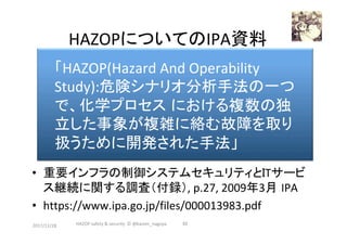 　HAZOPについてのIPA資料	
•  重要インフラの制御システムセキュリティとITサービ
ス継続に関する調査（付録）,	p.27,	2009年3月 IPA	
•  https://www.ipa.go.jp/files/000013983.pdf	
2017/12/28	 92	HAZOP	safety	&	security		©	@kaizen_nagoya	
「HAZOP(Hazard	And	Operability	
Study):危険シナリオ分析手法の一つ
で、化学プロセス における複数の独
立した事象が複雑に絡む故障を取り
扱うために開発された手法」	
 