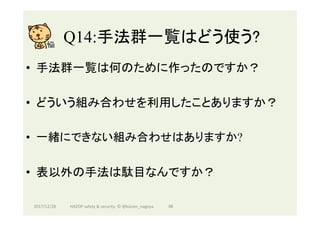 Q14:手法群一覧はどう使う?	
•  手法群一覧は何のために作ったのですか？
•  どういう組み合わせを利用したことありますか？
•  一緒にできない組み合わせはありますか?
•  表以外の手法は駄目なんですか？
2017/12/28	 96	HAZOP	safety	&	security		©	@kaizen_nagoya	
 