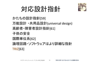 対応設計指針	
かたちの設計指針[59]	
万能設計 ・共用品設計(universal	design)	
高齢者・障害者設計指針[61]	
子供の安全	
国際単位系[62]	
論理回路・ソフトウェアはより詳細な指針	
TRIZ[63]			
2017/12/28	 98	 安全分析におけるHAZOP-TRIZ連携の試み	HAZOP	safety	&	security		©	@kaizen_nagoya	
 