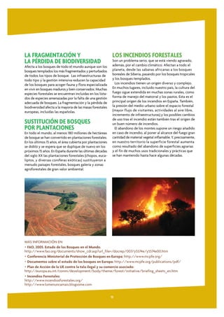LA FRAGMENTACIÓN Y                                           LOS INCENDIOS FORESTALES
LA PÉRDIDA DE BIODIVERSIDAD                                  Son un problema serio, que se está viendo agravado,
                                                             además, por el cambio climático. Afectan a todo el
Afecta a los bosques de todo el mundo aunque son los
bosques templados los más fragmentados y perturbados         planeta, desde las sabanas africanas a los bosques
de todos los tipos de bosque. Las infraestructuras de        boreales de Siberia, pasando por los bosques tropicales
todo tipo y la gestión intensiva reducen la capacidad        y los bosques templados.
de los bosques para acoger fauna y flora especializada         Los incendios tienen un origen diverso y complejo.
en vivir en bosques maduros y bien conservados. Muchas       En muchos lugares, incluido nuestro país, la cultura del
especies forestales se encuentran incluidas en los lista-    fuego sigue extendida en muchas zonas rurales, como
dos de especies amenazadas por la falta de una gestión       forma de manejo del matorral y los pastos. Esta es el
adecuada de bosques. La fragmentación y la pérdida de        principal origen de los incendios en España. También,
biodiversidad afecta a la mayoría de las masas forestales    la presión del medio urbano sobre el espacio forestal
europeas, incluidas las españolas.                           (mayor flujo de visitantes, actividades al aire libre,
                                                             incremento de infraestructuras) y los posibles cambios
                                                             de uso tras el incendio están también tras el origen de
SUSTITUCIÓN DE BOSQUES                                       un buen número de incendios.
POR PLANTACIONES                                               El abandono de los montes supone un riesgo añadido
En todo el mundo, al menos 180 millones de hectáreas         en caso de incendio, al poner al alcance del fuego gran
de bosque se han convertido en plantaciones forestales.      cantidad de material vegetal inflamable. Y, precisamente,
En los últimos 15 años, el área cubierta por plantaciones    en nuestro territorio la superficie forestal aumenta
se dobló y se espera que se duplique de nuevo en los         como resultado del abandono de superficies agrarias
próximos 15 años. En España durante las últimas décadas      y el fin de muchos usos tradicionales y prácticas que
del siglo XX las plantaciones forestales (chopos, euca-      se han mantenido hasta hace algunas décadas.
liptos, y diversas coníferas exóticas) sustituyeron a
menudo paisajes forestales, bosques galería y zonas
agroforestales de gran valor ambiental.




MÁS INFORMACIÓN EN:
• FAO, 2005. Estado de los Bosques en el Mundo.
http://www.fao.org/documents/show_cdr.asp?url_file=/docrep/007/y5574e/y5574e00.htm
• Conferencia Ministerial de Protección de Bosques en Europa: http://www.mcpfe.org/
• Documentos sobre el estado de los bosques en Europa: http://www.mcpfe.org/publications/pdf/
• Plan de Acción de la UE contra la tala ilegal y su comercio asociado:
http://europa.eu.int/comm/development/body/theme/forest/initiative/briefing_sheets_en.htm
• Incendios Forestales:
http://www.incendiosforestales.org/
http://www.lumenuncamais.blogsome.com


                                                            13
 