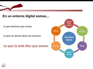 En un entorno digital somos…
Lo que decimos que somos
Lo que los demás dicen de nosotros
Lo que la web dice que somos
 