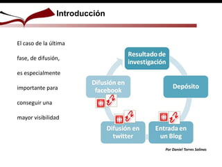 Introducción
Por Daniel Torres Salinas
El caso de la última
fase, de difusión,
es especialmente
importante para
conseguir una
mayor visibilidad
 