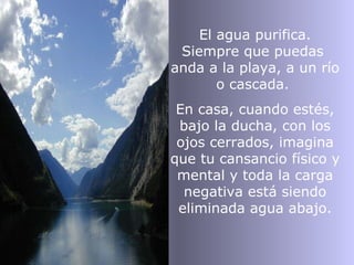 El agua purifica. Siempre que puedas  anda a la playa, a un río o cascada.  En casa, cuando estés, bajo la ducha, con los ojos cerrados, imagina que tu cansancio físico y mental y toda la carga negativa está siendo eliminada agua abajo. 