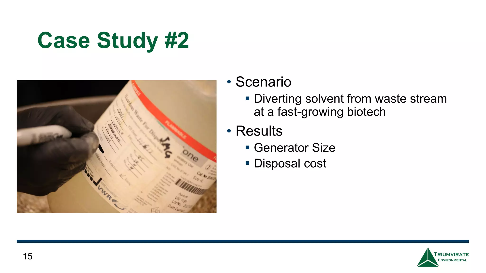 Case Study #2
• Scenario
▪ Diverting solvent from waste stream
at a fast-growing biotech
• Results
▪ Generator Size
▪ Disposal cost
15
 