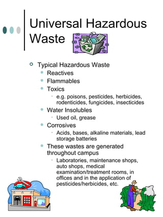 Universal Hazardous
Waste
 Typical Hazardous Waste
 Reactives
 Flammables
 Toxics
• e.g. poisons, pesticides, herbicides,
rodenticides, fungicides, insecticides
 Water Insolubles
• Used oil, grease
 Corrosives
• Acids, bases, alkaline materials, lead
storage batteries
 These wastes are generated
throughout campus
• Laboratories, maintenance shops,
auto shops, medical
examination/treatment rooms, in
offices and in the application of
pesticides/herbicides, etc.
 
