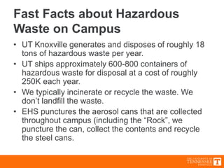 Fast Facts about Hazardous
Waste on Campus
• UT Knoxville generates and disposes of roughly 18
tons of hazardous waste per year.
• UT ships approximately 600-800 containers of
hazardous waste for disposal at a cost of roughly
250K each year.
• We typically incinerate or recycle the waste. We
don’t landfill the waste.
• EHS punctures the aerosol cans that are collected
throughout campus (including the “Rock”, we
puncture the can, collect the contents and recycle
the steel cans.
 