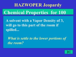 HAZWOPER Jeopardy
Chemical Properties for 100
What is settle to the lower portions of
the room?
A solvent with a Vapor Density of 3,
will go to this part of the room if
spilled...
 