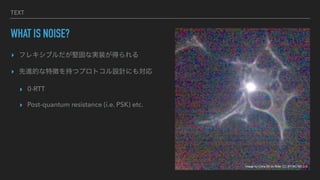 TEXT
WHAT IS NOISE?
? ե쥭֥Թ̤ʌgװä
? MĤ؏դ֤ĥץȥOӋˤ⌝
? 0-RTT
? Post-quantum resistance (i.e. PSK) etc.
Image by Chris Elt on flickr, CC-BY-NC-ND 2.0
 