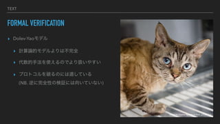TEXT
FORMAL VERIFICATION
? Dolev-Yaoǥ
? ӋՓĥǥϲȫ
? ַʹΤǤQ䤹
? ץȥƤΤˤmƤ
(NB. ȫԤΗ^ˤ򤤤Ƥʤ)
Image by Charlie Nguyen on flickr, CC-BY 2.0
 