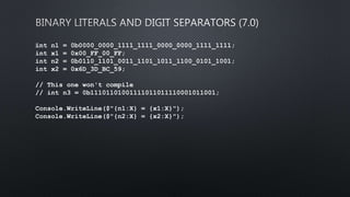 int n1 = 0b0000_0000_1111_1111_0000_0000_1111_1111;
int x1 = 0x00_FF_00_FF;
int n2 = 0b0110_1101_0011_1101_1011_1100_0101_1001;
int x2 = 0x6D_3D_BC_59;
// This one won't compile
// int n3 = 0b11101101001111011011110001011001;
Console.WriteLine($"{n1:X} = {x1:X}");
Console.WriteLine($"{n2:X} = {x2:X}");
 
