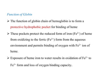 Function of Globin
 The function of globin chain of hemoglobin is to form a
protective hydrophobic pocket for binding of heme
 These pockets protect the reduced form of iron (Fe2+) of heme
from oxidizing to the ferric (Fe3+) form from the aqueous
environment and permits binding of oxygen with Fe2+ ion of
heme.
 Exposure of heme iron to water results in oxidation of Fe2+ to
Fe3+ form and loss of oxygen binding capacity.
Function of Globin
 The function of globin chain of hemoglobin is to form a
protective hydrophobic pocket for binding of heme
 These pockets protect the reduced form of iron (Fe2+) of heme
from oxidizing to the ferric (Fe3+) form from the aqueous
environment and permits binding of oxygen with Fe2+ ion of
heme.
 Exposure of heme iron to water results in oxidation of Fe2+ to
Fe3+ form and loss of oxygen binding capacity.
 