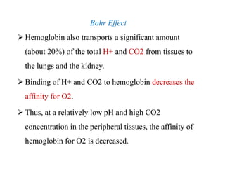 Bohr Effect
 Hemoglobin also transports a significant amount
(about 20%) of the total H+ and CO2 from tissues to
the lungs and the kidney.
 Binding of H+ and CO2 to hemoglobin decreases the
affinity for O2.
 Thus, at a relatively low pH and high CO2
concentration in the peripheral tissues, the affinity of
hemoglobin for O2 is decreased.
Bohr Effect
 Hemoglobin also transports a significant amount
(about 20%) of the total H+ and CO2 from tissues to
the lungs and the kidney.
 Binding of H+ and CO2 to hemoglobin decreases the
affinity for O2.
 Thus, at a relatively low pH and high CO2
concentration in the peripheral tissues, the affinity of
hemoglobin for O2 is decreased.
 