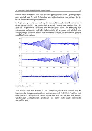 18 Erfahrungen bei der Inbetriebnahme und Integration                             109

trat der Fehler wieder auf. Eine selektive Einkopplung der einzelnen Gyroskope ergab,
dass lediglich das X- und Y-Gyroskop die Motorstörungen verursachten, das Z-
Gyroskop hatte keinen negativen Einfluss.
Es folgte eine grafische Untersuchung der vom ADC ausgebenden Rohdaten, ob in
diesen bereits Ausreißer zu erkennen sind, welche die Störungen verursachen. Bild 18.5
zeigt die aufgenommen Rohdaten. Der Quadrokopter wurde zur Erzeugung von
Ausschlagen nacheinander auf jeder Achse gedreht. Zu erkennen sind lediglich sehr
wenige geringe Ausreißer, welche nicht die Motorstörungen, die in erheblich größerer
Anzahl auftraten, erklären.




Bild 18.5: Gyroskoprohdaten


Zum Ausschließen von Fehlern in den Umrechnungsfunktionen wurden nun die
Ergebnisse der Umrechnungsfunktionen grafisch dargestellt (Bild 18.6). Auch hier sind
keine Ausreißer zu beobachten. Zu beachten ist, dass Bild 18.5 und Bild 18.6 während
verschiedener Aufzeichnungen entstanden und daher nicht direkt miteinander
vergleichbar sind.
 