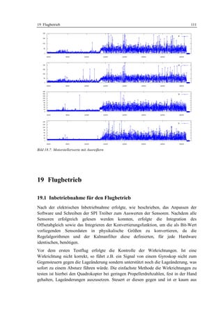 19 Flugbetrieb                                                                    111




Bild 18.7: Motorstellerwerte mit Ausreißern




19 Flugbetrieb

19.1 Inbetriebnahme für den Flugbetrieb
Nach der elektrischen Inbetriebnahme erfolgte, wie beschrieben, das Anpassen der
Software und Schreiben der SPI Treiber zum Auswerten der Sensoren. Nachdem alle
Sensoren erfolgreich gelesen werden konnten, erfolgte die Integration des
Offsetabgleich sowie das Integrieren der Konvertierungsfunktion, um die als Bit-Wert
vorliegenden Sensordaten in physikalische Größen zu konvertieren, da die
Regelalgorithmen und der Kalmanfilter diese definierten, für jede Hardware
identischen, benötigen.
Vor dem ersten Testflug erfolgte die Kontrolle der Wirkrichtungen. Ist eine
Wirkrichtung nicht korrekt, so führt z.B. ein Signal von einem Gyroskop nicht zum
Gegensteuern gegen die Lageänderung sondern unterstützt noch die Lageänderung, was
sofort zu einem Absturz führen würde. Die einfachste Methode die Wirkrichtungen zu
testen ist hierbei den Quadrokopter bei geringen Propellerdrehzahlen, fest in der Hand
gehalten, Lageänderungen auszusetzen. Steuert er diesen gegen und ist er kaum aus
 