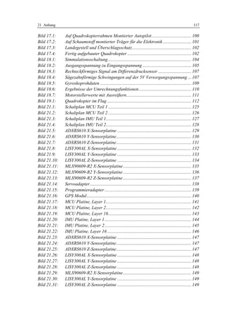 21 Anhang                                                                                                          117

Bild 17.1:    Auf Quadrokopterrahmen Montierter Autopilot................................... 100
Bild 17.2:    Auf Schaumstoff montierter Träger für die Elektronik ......................... 101
Bild 17.3:    Landegestell und Überschlagsschutz.................................................... 102
Bild 17.4:    Fertig aufgebauter Quadrokopter ........................................................ 102
Bild 18.1:    Simmulationsschaltung ......................................................................... 104
Bild 18.2:    Ausgangsspannung zu Eingangsspannung ........................................... 105
Bild 18.3:    Rechteckförmiges Signal am Differenzdrucksensor ............................. 107
Bild 18.4:    Sägezahnförmige Schwingungen auf der 5V Versorgungsspannung ... 107
Bild 18.5:    Gyroskoprohdaten ................................................................................ 109
Bild 18.6:    Ergebnisse der Umrechnungsfunktionen .............................................. 110
Bild 18.7:    Motorstellerwerte mit Ausreißern......................................................... 111
Bild 19.1:    Quadrokopter im Flug .......................................................................... 112
Bild 21.1:    Schaltplan MCU Teil 1 ......................................................................... 125
Bild 21.2:    Schaltplan MCU Teil 2 ......................................................................... 126
Bild 21.3:    Schaltplan IMU Teil 1........................................................................... 127
Bild 21.4:    Schaltplan IMU Teil 2........................................................................... 128
Bild 21.5:    ADXRS610 X-Sensorplatine ................................................................. 129
Bild 21.6:    ADXRS610 Y-Sensorplatine.................................................................. 130
Bild 21.7:    ADXRS610 Z-Sensorplatine.................................................................. 131
Bild 21.8:    LISY300AL X-Sensorplatine ................................................................. 132
Bild 21.9:    LISY300AL Y-Sensorplatine ................................................................. 133
Bild 21.10:   LISY300AL Z-Sensorplatine ................................................................. 134
Bild 21.11:   MLX90609-R2 X-Sensorplatine............................................................ 135
Bild 21.12:   MLX90609-R2 Y-Sensorplatine ............................................................ 136
Bild 21.13:   MLX90609-R2 Z-Sensorplatine ............................................................ 137
Bild 21.14:   Servoadapter ......................................................................................... 138
Bild 21.15:   Programmieradapter ............................................................................ 139
Bild 21.16:   GPS Modul............................................................................................ 140
Bild 21.17:   MCU Platine, Layer 1........................................................................... 141
Bild 21.18:   MCU Platine, Layer 2........................................................................... 142
Bild 21.19:   MCU Platine, Layer 16......................................................................... 143
Bild 21.20:   IMU Platine, Layer 1 ............................................................................ 144
Bild 21.21:   IMU Platine, Layer 2 ............................................................................ 145
Bild 21.22:   IMU Platine, Layer 16 .......................................................................... 146
Bild 21.23:   ADXRS610 X-Sensorplatine ................................................................. 147
Bild 21.24:   ADXRS610 Y-Sensorplatine.................................................................. 147
Bild 21.25:   ADXRS610 Z-Sensorplatine.................................................................. 147
Bild 21.26:   LISY300AL X-Sensorplatine ................................................................. 148
Bild 21.27:   LISY300AL Y-Sensorplatine ................................................................. 148
Bild 21.28:   LISY300AL Z-Sensorplatine ................................................................. 148
Bild 21.29:   MLX90609-R2 X-Sensorplatine............................................................ 149
Bild 21.30:   LISY300AL Y-Sensorplatine ................................................................. 149
Bild 21.31:   LISY300AL Z-Sensorplatine ................................................................. 149
 
