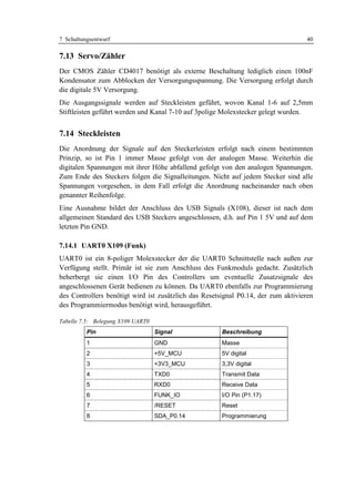 7 Schaltungsentwurf                                                                40

7.13 Servo/Zähler
Der CMOS Zähler CD4017 benötigt als externe Beschaltung lediglich einen 100nF
Kondensator zum Abblocken der Versorgungsspannung. Die Versorgung erfolgt durch
die digitale 5V Versorgung.
Die Ausgangssignale werden auf Steckleisten geführt, wovon Kanal 1-6 auf 2,5mm
Stiftleisten geführt werden und Kanal 7-10 auf 3polige Molexstecker gelegt wurden.


7.14 Steckleisten
Die Anordnung der Signale auf den Steckerleisten erfolgt nach einem bestimmten
Prinzip, so ist Pin 1 immer Masse gefolgt von der analogen Masse. Weiterhin die
digitalen Spannungen mit ihrer Höhe abfallend gefolgt von den analogen Spannungen.
Zum Ende des Steckers folgen die Signalleitungen. Nicht auf jedem Stecker sind alle
Spannungen vorgesehen, in dem Fall erfolgt die Anordnung nacheinander nach oben
genannter Reihenfolge.
Eine Ausnahme bildet der Anschluss des USB Signals (X108), dieser ist nach dem
allgemeinen Standard des USB Steckers angeschlossen, d.h. auf Pin 1 5V und auf dem
letzten Pin GND.

7.14.1 UART0 X109 (Funk)
UART0 ist ein 8-poliger Molexstecker der die UART0 Schnittstelle nach außen zur
Verfügung stellt. Primär ist sie zum Anschluss des Funkmoduls gedacht. Zusätzlich
beherbergt sie einen I/O Pin des Controllers um eventuelle Zusatzsignale des
angeschlossenen Gerät bedienen zu können. Da UART0 ebenfalls zur Programmierung
des Controllers benötigt wird ist zusätzlich das Resetsignal P0.14, der zum aktivieren
des Programmiermodus benötigt wird, herausgeführt.

Tabelle 7.5: Belegung X109 UART0
          Pin                      Signal              Beschreibung
          1                        GND                 Masse
          2                        +5V_MCU             5V digital
          3                        +3V3_MCU            3,3V digital
          4                        TXD0                Transmit Data
          5                        RXD0                Receive Data
          6                        FUNK_IO             I/O Pin (P1.17)
          7                        /RESET              Reset
          8                        SDA_P0.14           Programmierung
 