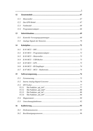 1 Einleitung                                                                                                                     6

12          Zusatzmodule .................................................................................................... 67

     12.1      Motorsteller .................................................................................................... 67
     12.2      Das GPS-Modul .............................................................................................. 67
     12.3      Funkmodul ...................................................................................................... 68
     12.4      Programmieradapter ...................................................................................... 68

13          Inbetriebnahme................................................................................................. 69

     13.1      Kontrolle Versorgungsspannungen ................................................................ 69
     13.2      Analoge Signale der Sensoren ........................................................................ 70

14          Kabelpläne......................................................................................................... 72

     14.1      K-01 MCU – IMU ........................................................................................... 72
     14.2      K-02 MCU – Programmieradapter ................................................................ 72
     14.3      K-03 MCU – Motorsteller............................................................................... 73
     14.4      K-04 MCU – USB-Buchse .............................................................................. 73
     14.5      K-05 MCU – GPS ........................................................................................... 73
     14.6      K-06 MCU – RS Empfänger ........................................................................... 74
     14.7      K-07 MCU – MCU – Radiotronix................................................................... 74

15          Softwareanpassung ........................................................................................... 74

     15.1      Fernsteuerung ................................................................................................. 75
     15.2      Interne Analog-Digital-Converter .................................................................. 76
     15.3 SPI Treiber...................................................................................................... 77
       15.3.1  Die Funktion „spi_init“........................................................................... 77
       15.3.2  Die Funktion „spi_start“ ......................................................................... 80
       15.3.3  Die Funktion „spi_int“............................................................................ 80
       15.3.4  Die Funktion „sm_ctrl“........................................................................... 84
     15.4      Magnetometer ................................................................................................. 90
     15.5      Umrechnungsfunktionen ................................................................................. 92

16          Kalibrierung ...................................................................................................... 93

     16.1      Drehratensensoren.......................................................................................... 93
     16.2      Beschleunigungssensoren ............................................................................... 96
 