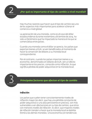 Hay muchas razones que hacen que el tipo de cambio sea uno
de los aspectos más importantes para acelerar o frenar el
comercio a nivel global.
La apreciación de una moneda, como es el caso del dólar
estadounidense durante noviembre y diciembre de 2014, ha
sido un fenómeno que ha impactado la manera en la que se
comercializa entre países.
Cuando una moneda como el dólar se aprecia, los países que
exportan bienes a EUA, se ven beneﬁciados al momento de
hacer la conversión de dólares a su moneda local
correspondiente.
Por el contrario, cuando los países importan bienes a su
economía, denominados en dólares de EUA, ven un efecto
importante en los precios, conocido como inﬂación, lo que
signiﬁca pérdida de poder adquisitivo en la moneda local.
Inﬂación
Los países que suelen tener consistentemente niveles de
inﬂación mayor (es decir, que hay una pérdida constante de
poder adquisitivo o una alza persistente en precios), son más
vulnerables a ver afectaciones en su tipo de cambio, que otros
con menores niveles de inﬂación. Es decir, que mayores niveles
de inﬂación tienden a hacer que la moneda local se debilite
frente a las demás monedas. Una economía con tendencias
2 ¿Por qué es importante el tipo de cambio a nivel mundial?
3 Principales factores que afectan el tipo de cambio
 