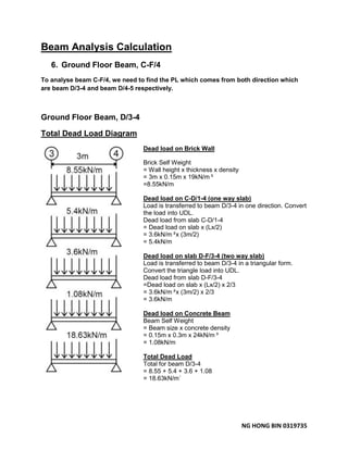 NG HONG BIN 0319735
Beam Analysis Calculation
6. Ground Floor Beam, C-F/4
To analyse beam C-F/4, we need to find the PL which comes from both direction which
are beam D/3-4 and beam D/4-5 respectively.
Ground Floor Beam, D/3-4
Total Dead Load Diagram
Dead load on Brick Wall
Brick Self Weight
= Wall height x thickness x density
= 3m x 0.15m x 19kN/m³
=8.55kN/m
Dead load on C-D/1-4 (one way slab)
Load is transferred to beam D/3-4 in one direction. Convert
the load into UDL.
Dead load from slab C-D/1-4
= Dead load on slab x (Lx/2)
= 3.6kN/m²x (3m/2)
= 5.4kN/m
Dead load on slab D-F/3-4 (two way slab)
Load is transferred to beam D/3-4 in a triangular form.
Convert the triangle load into UDL.
Dead load from slab D-F/3-4
=Dead load on slab x (Lx/2) x 2/3
= 3.6kN/m²x (3m/2) x 2/3
= 3.6kN/m
Dead load on Concrete Beam
Beam Self Weight
= Beam size x concrete density
= 0.15m x 0.3m x 24kN/m³
= 1.08kN/m
Total Dead Load
Total for beam D/3-4
= 8.55 + 5.4 + 3.6 + 1.08
= 18.63kN/m`
 