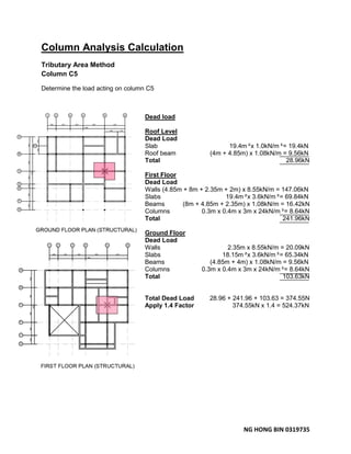 NG HONG BIN 0319735
Column Analysis Calculation
Tributary Area Method
Column C5
Determine the load acting on column C5
Dead load
Roof Level
Dead Load
Slab 19.4m²x 1.0kN/m²= 19.4kN
Roof beam (4m + 4.85m) x 1.08kN/m = 9.56kN
Total 28.96kN
First Floor
Dead Load
Walls (4.85m + 8m + 2.35m + 2m) x 8.55kN/m = 147.06kN
Slabs 19.4m²x 3.6kN/m²= 69.84kN
Beams (8m + 4.85m + 2.35m) x 1.08kN/m = 16.42kN
Columns 0.3m x 0.4m x 3m x 24kN/m³= 8.64kN
Total 241.96kN
Ground Floor
Dead Load
Walls 2.35m x 8.55kN/m = 20.09kN
Slabs 18.15m²x 3.6kN/m²= 65.34kN
Beams (4.85m + 4m) x 1.08kN/m = 9.56kN
Columns 0.3m x 0.4m x 3m x 24kN/m³= 8.64kN
Total 103.63kN
Total Dead Load 28.96 + 241.96 + 103.63 = 374.55N
Apply 1.4 Factor 374.55kN x 1.4 = 524.37kN
 