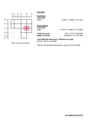 NG HONG BIN 0319735
Live load
First Floor
Live Load
Slabs 19.4m²x 1.5kN/m²= 29.1kN
Ground Floor
Live Load
Slabs 18.15m²x 1.5kN/m²= 27.23kN
Total Live Load 29.1 + 27.23 = 56.33kN
Apply 1.6 Factor 56.33kN x 1.6 = 90.13kN
Total Ultimate Dead load + Ultimate Live load
524.37 + 90.13 = 614.5kN
Hence, the ultimate load acting on column C5 is 614.5kN.
 
