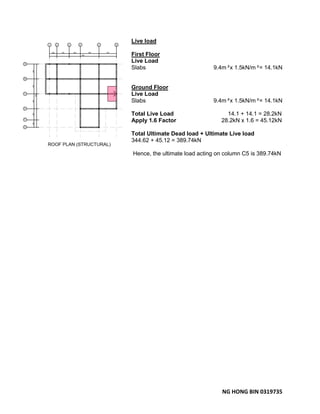 NG HONG BIN 0319735
Live load
First Floor
Live Load
Slabs 9.4m²x 1.5kN/m²= 14.1kN
Ground Floor
Live Load
Slabs 9.4m²x 1.5kN/m²= 14.1kN
Total Live Load 14.1 + 14.1 = 28.2kN
Apply 1.6 Factor 28.2kN x 1.6 = 45.12kN
Total Ultimate Dead load + Ultimate Live load
344.62 + 45.12 = 389.74kN
Hence, the ultimate load acting on column C5 is 389.74kN
 