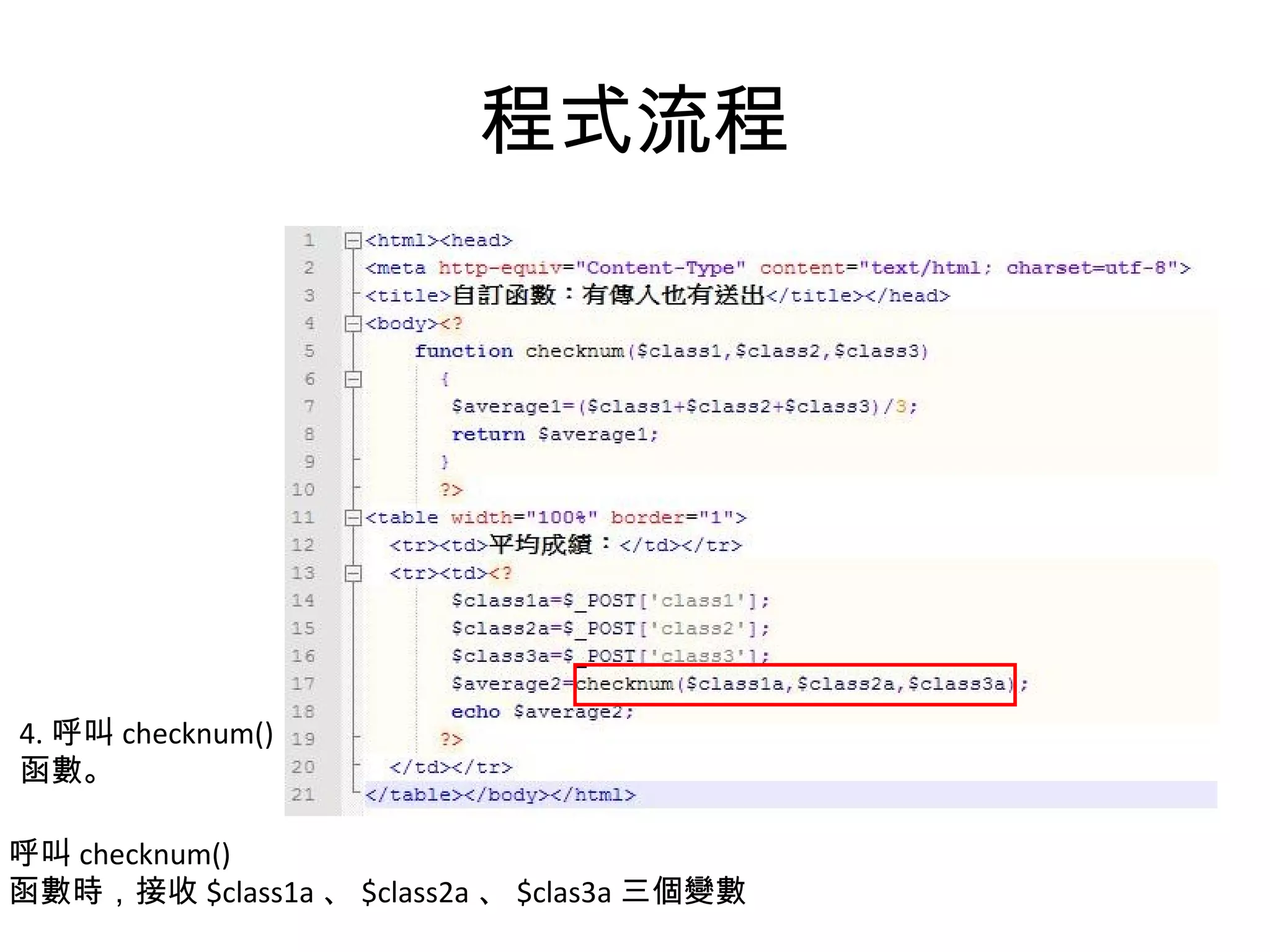 程式流程 4. 呼叫 checknum() 函數。 呼叫 checknum() 函數時，接收 $class1a 、 $class2a 、 $clas3a 三個變數 