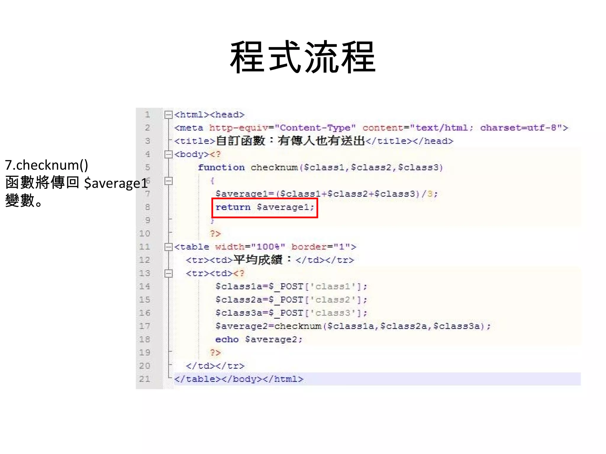 程式流程 7.checknum() 函數將傳回 $average1 變數。 
