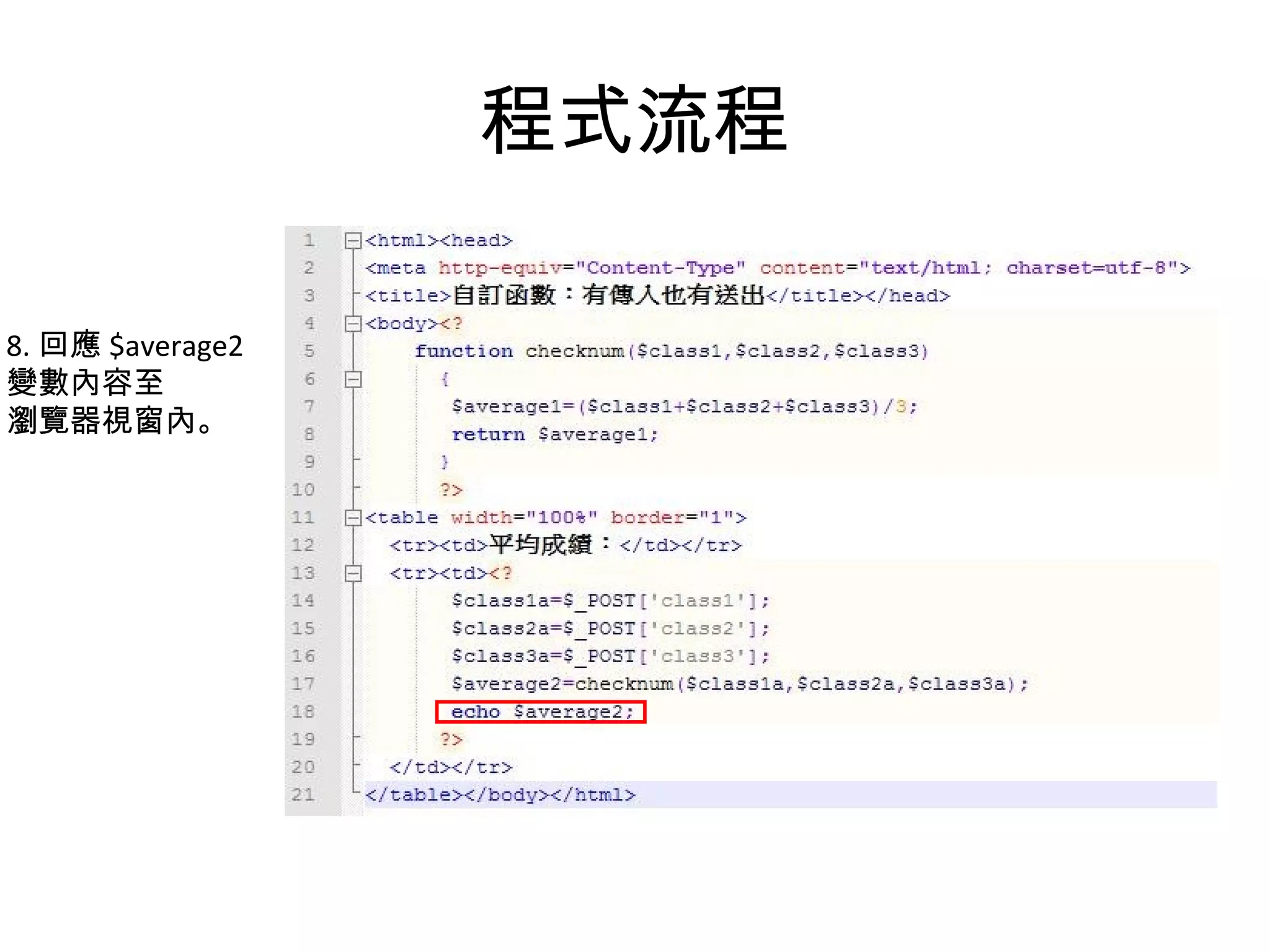程式流程 8. 回應 $average2 變數內容至 瀏覽器視窗內。 