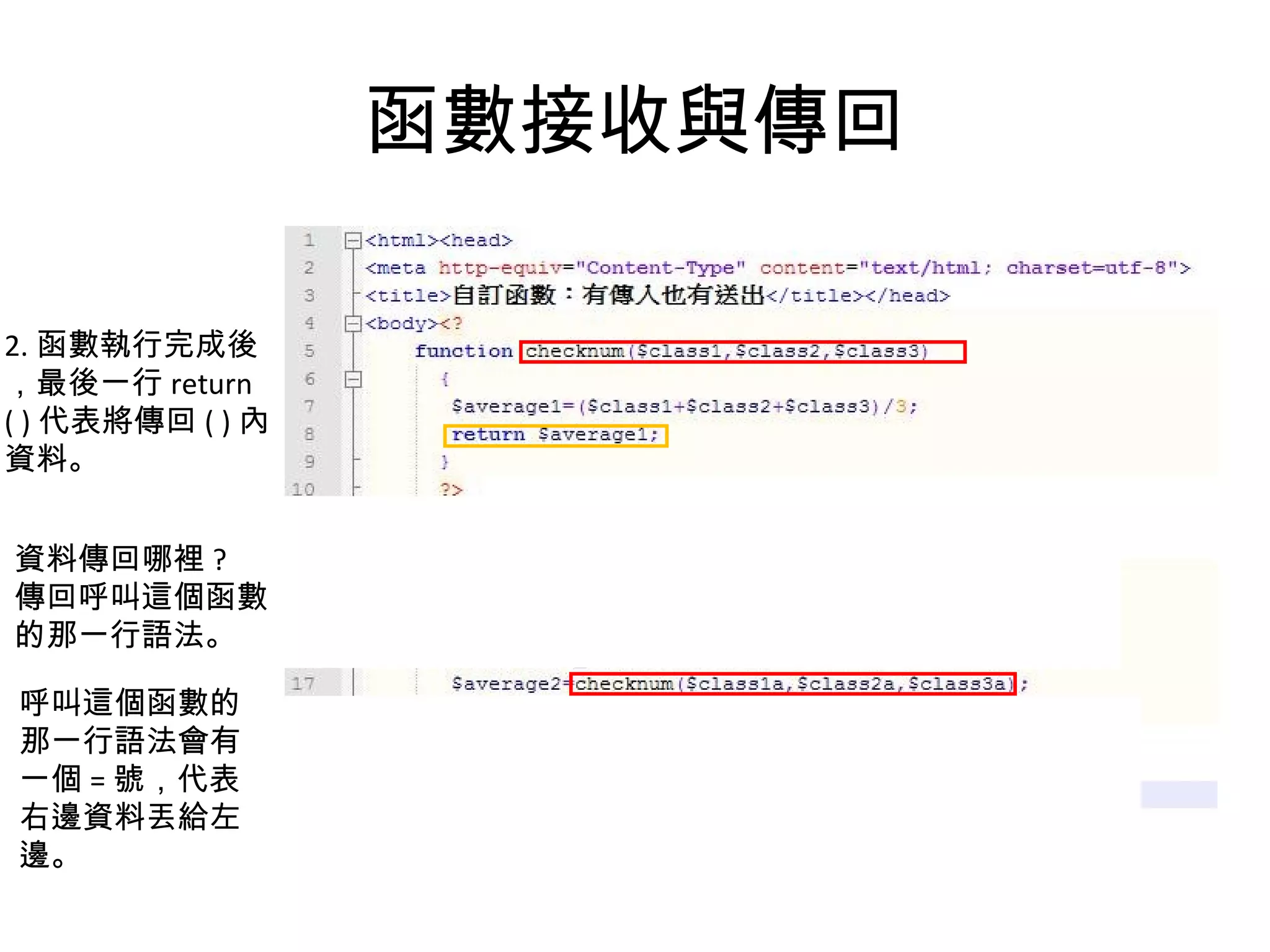 函數接收與傳回 2. 函數執行完成後 ，最後一行 return ( ) 代表將傳回 ( ) 內 資料。 資料傳回哪裡 ? 傳回呼叫這個函數 的那一行語法。 呼叫這個函數的 那一行語法會有 一個 = 號，代表 右邊資料丟給左 邊。 