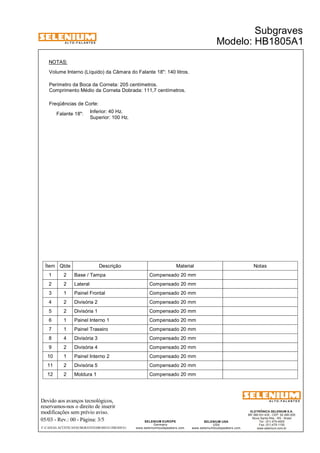 A L T O - F A L A N T E S 
NOTAS: 
Volume Interno (Líquido) da Câmara do Falante 18": 140 litros. 
Perímetro da Boca da Corneta: 205 centímetros. 
Comprimento Médio da Corneta Dobrada: 111,7 centímetros. 
Freqüências de Corte: 
Inferior: 40 Hz. 
Superior: 100 Hz. 
Falante 18": 
Ítem Qtde Descrição Material Notas 
1 2 Base / Tampa Compensado 20 mm 
2 2 Lateral Compensado 20 mm 
3 1 Painel Frontal Compensado 20 mm 
4 2 Divisória 2 Compensado 20 mm 
5 2 Divisória 1 Compensado 20 mm 
6 1 Painel Interno 1 Compensado 20 mm 
7 1 Painel Traseiro Compensado 20 mm 
8 4 Divisória 3 Compensado 20 mm 
9 2 Divisória 4 Compensado 20 mm 
10 1 Painel Interno 2 Compensado 20 mm 
11 2 Divisória 5 Compensado 20 mm 
12 2 Moldura 1 Compensado 20 mm 
Devido aos avanços tecnológicos, 
reservamos-nos o direito de inserir 
modificações sem prévio aviso. 
Subgraves 
Modelo: HB1805A1 
ELETRÔNICA SELENIUM S.A. 
BR 386 Km 435 - CEP: 92.480-000 
Nova Santa Rita - RS - Brasil 
Tel.: (51) 479-4000 
Fax: (51) 479-1150 
www.selenium.com.br 
SELENIUM USA 
USA 
www.seleniumloudspeakers.com 
SELENIUM EUROPE 
Germany 
www.seleniumloudspeakers.com 
A L T O - F A L A N T E S 
05/03 - Rev.: 00 - Página: 3/5 
F:CAIXAS ACÚSTICASSUBGRAVESHB1805A1HB1805A1 
 