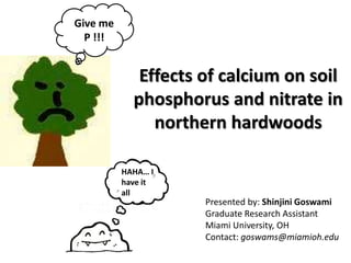 HAHA… I
have it
all
Effects of calcium on soil
phosphorus and nitrate in
northern hardwoods
Presented by: Shinjini Goswami...
