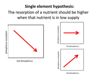 Single element hypothesis:
The resorption of a nutrient should be higher
when that nutrient is in low supply
Soil phosphor...