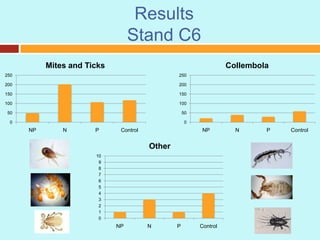 Results
Stand C6
0
1
2
3
4
5
6
7
8
9
10
NP N P Control
Other
0
50
100
150
200
250
NP N P Control
Collembola
0
50
100
150
2...