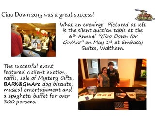 Ciao Down 2015 was a great success!
What an evening! Pictured at left
is the silent auction table at the
6th Annual “Ciao Down for
GWArc” on May 1st at Embassy
Suites, Waltham.
The successful event
featured a silent auction,
raffle, sale of Mystery Gifts,
BARK@GWArc dog biscuits,
musical entertainment and
a spaghetti buffet for over
300 persons.
 