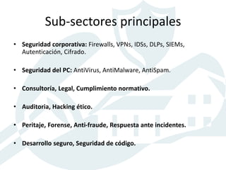 Sub-sectores principales
• Seguridad corporativa: Firewalls, VPNs, IDSs, DLPs, SIEMs,
Autenticación, Cifrado.
• Seguridad del PC: AntiVirus, AntiMalware, AntiSpam.
• Consultoría, Legal, Cumplimiento normativo.
• Auditoria, Hacking ético.
• Peritaje, Forense, Anti-fraude, Respuesta ante incidentes.
• Desarrollo seguro, Seguridad de código.
 