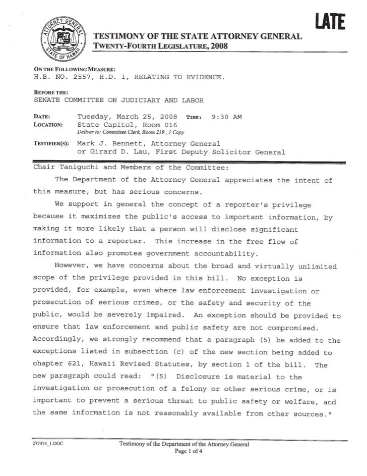 Hawaii Attorney General's Office 2008 testimony