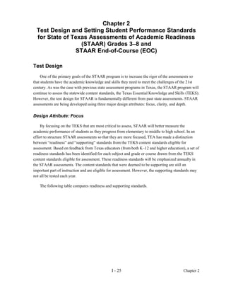 Chapter 2
  Test Design and Setting Student Performance Standards
  for State of Texas Assessments of Academic Readiness
                  (STAAR) Grades 3–8 and
                STAAR End-of-Course (EOC)

Test Design
     One of the primary goals of the STAAR program is to increase the rigor of the assessments so
that students have the academic knowledge and skills they need to meet the challenges of the 21st
century. As was the case with previous state assessment programs in Texas, the STAAR program will
continue to assess the statewide content standards, the Texas Essential Knowledge and Skills (TEKS).
However, the test design for STAAR is fundamentally different from past state assessments. STAAR
assessments are being developed using three major design attributes: focus, clarity, and depth.

Design Attribute: Focus

    By focusing on the TEKS that are most critical to assess, STAAR will better measure the
academic performance of students as they progress from elementary to middle to high school. In an
effort to structure STAAR assessments so that they are more focused, TEA has made a distinction
between “readiness” and “supporting” standards from the TEKS content standards eligible for
assessment. Based on feedback from Texas educators (from both K–12 and higher education), a set of
readiness standards has been identified for each subject and grade or course drawn from the TEKS
content standards eligible for assessment. These readiness standards will be emphasized annually in
the STAAR assessments. The content standards that were deemed to be supporting are still an
important part of instruction and are eligible for assessment. However, the supporting standards may
not all be tested each year.

    The following table compares readiness and supporting standards.




                                               I - 25                                     Chapter 2
 