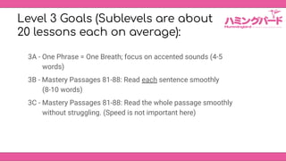 Level 3 Goals (Sublevels are about
20 lessons each on average):
3A - One Phrase = One Breath; focus on accented sounds (4-...