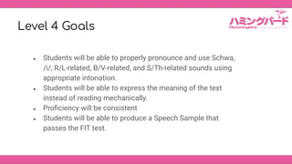 Level 4 Goals
● Students will be able to properly pronounce and use Schwa,
/i/, R/L-related, B/V-related, and S/Th-related...